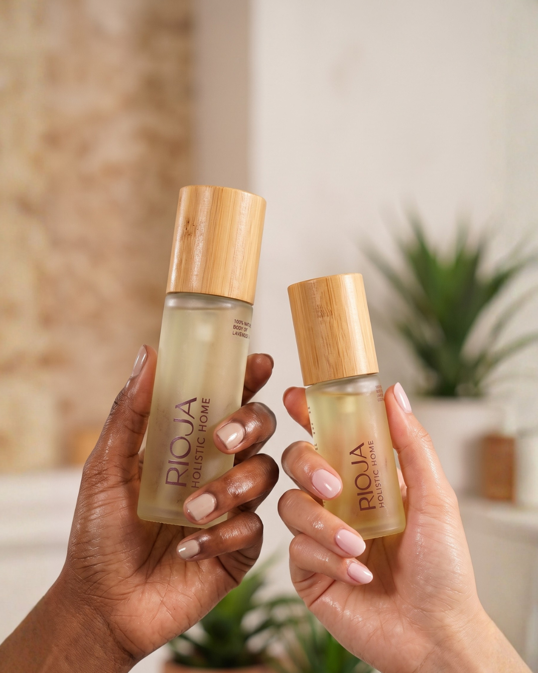 Lavender and Rosemary Body oil bottles with wooden cap