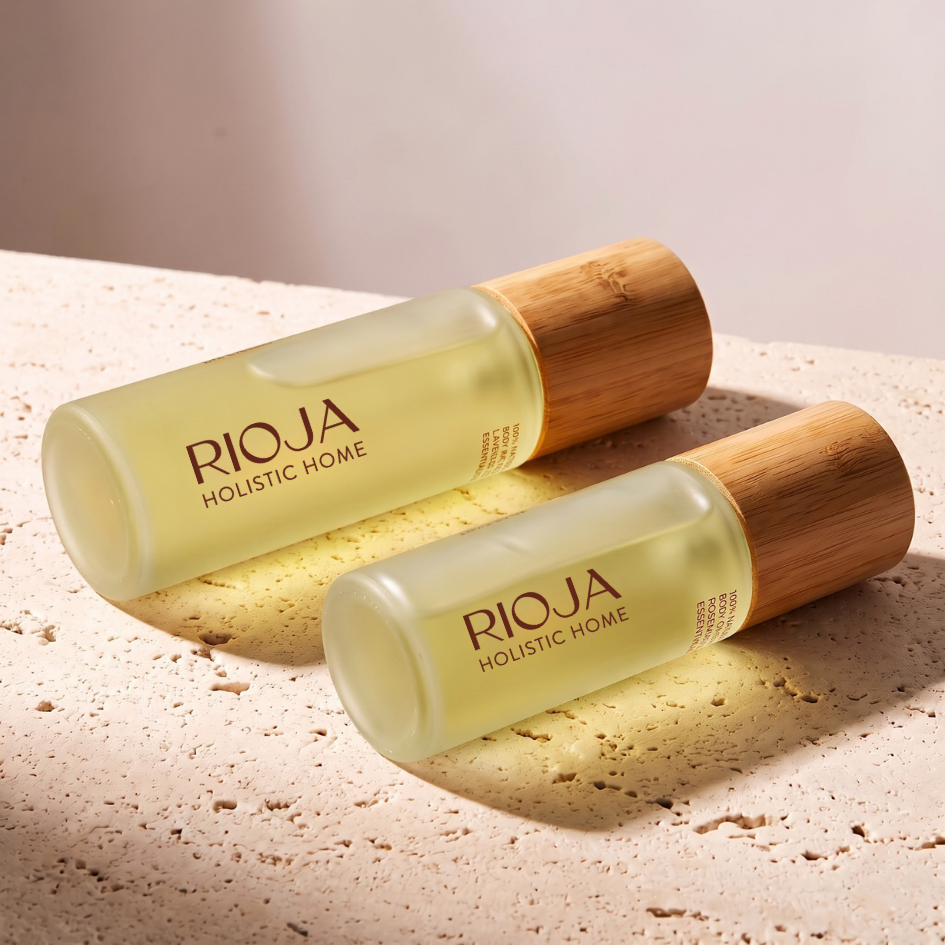 Lavender and Rosemary Body oil bottles with wooden cap