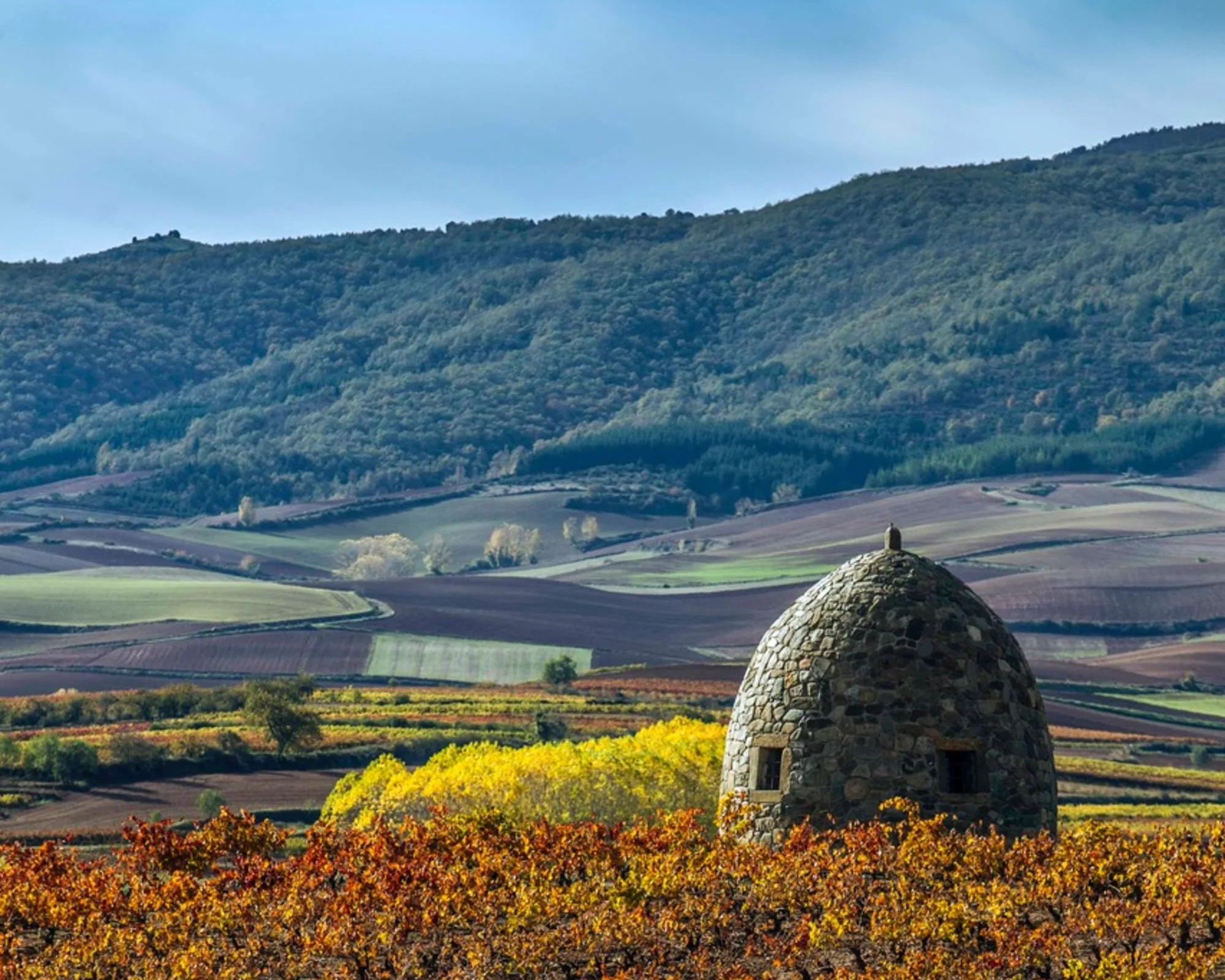 Stone structure in a scenic landscape with hills and fields in Rioja Spain