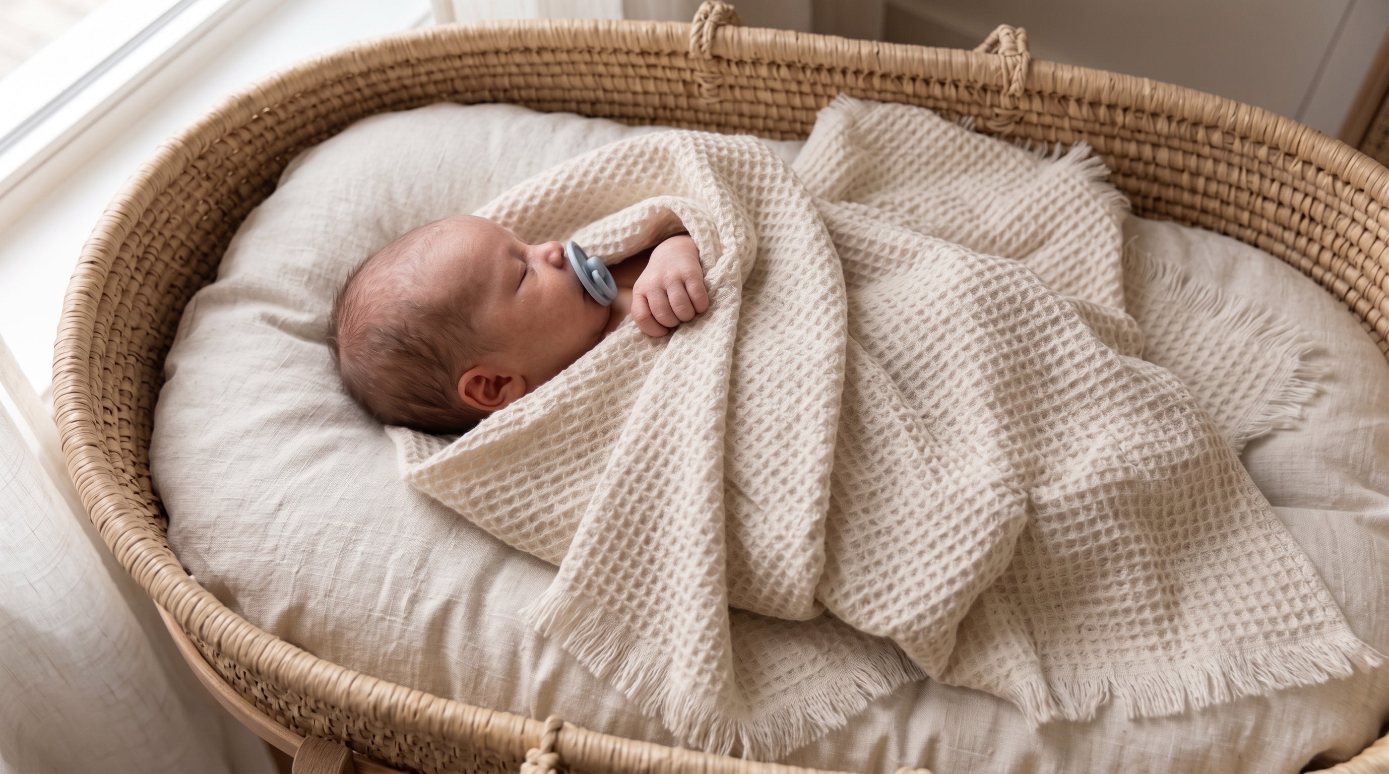 Baby with a beige 100% merino wool baby blanket 