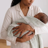 Sage textured 100% merino wool baby blanket with fringes