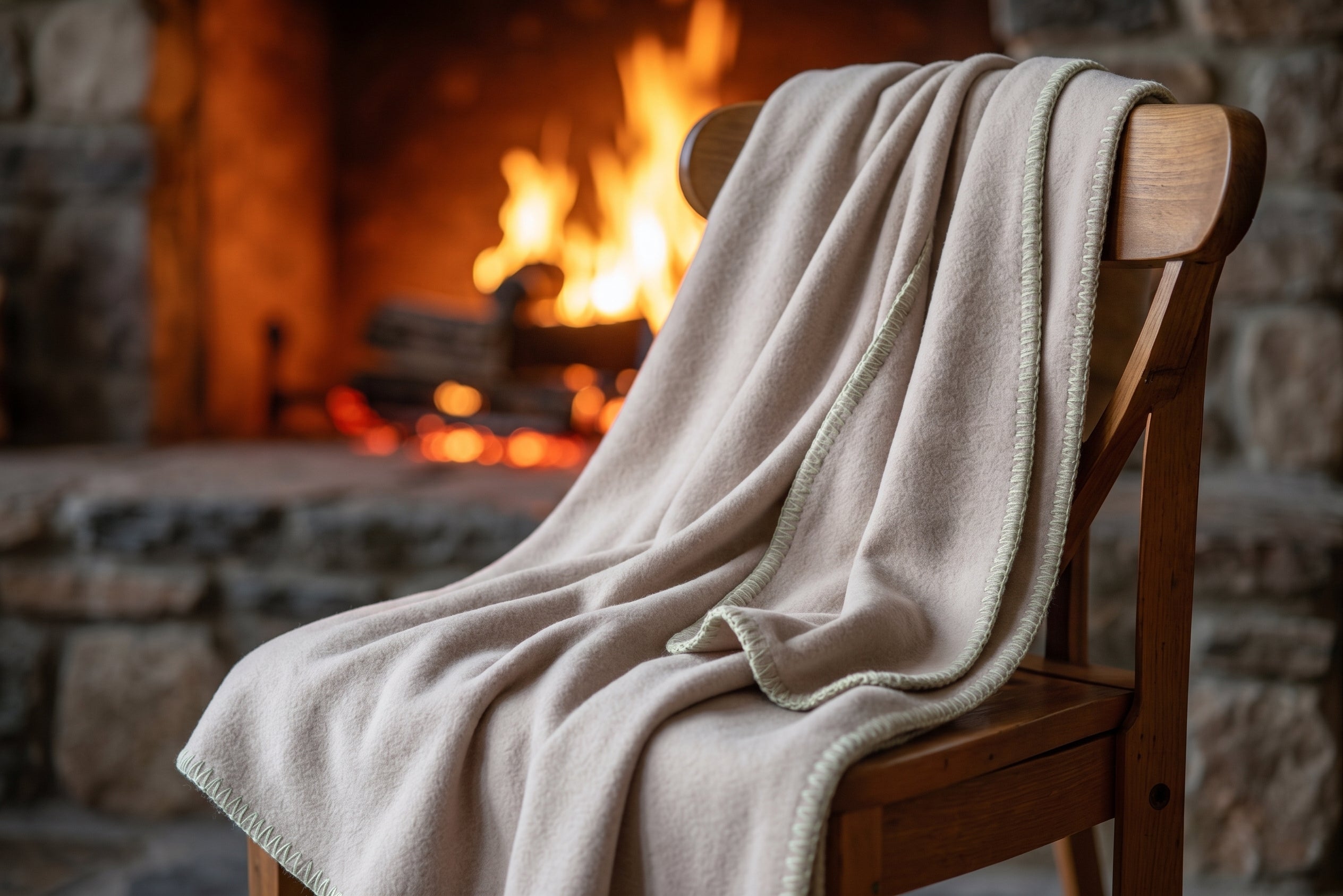 Wood chair with a beige 100% merino wool blanket